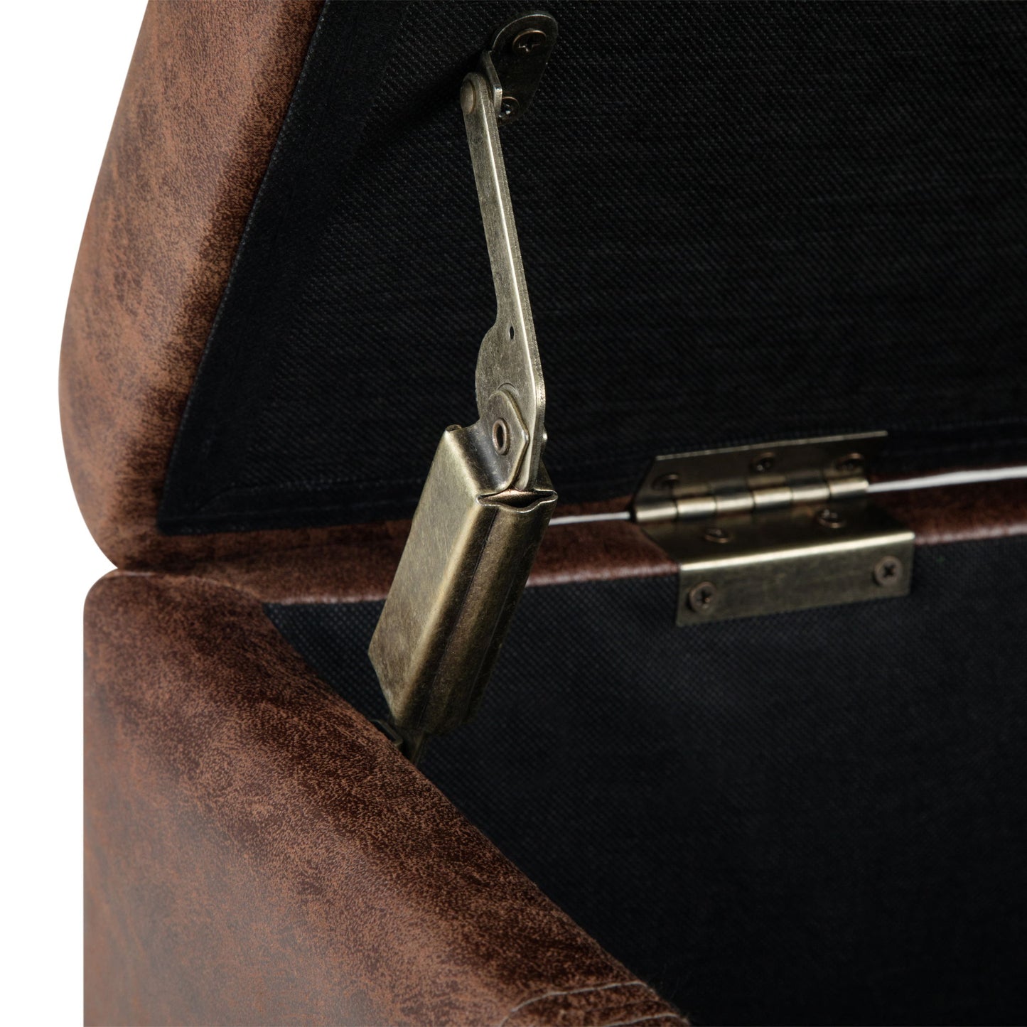 Close-up of the Dover Upholstered Storage Ottoman Bench, featuring an open brown lid supported by a metal hinge and support mechanism, revealing a dark fabric-lined interior.