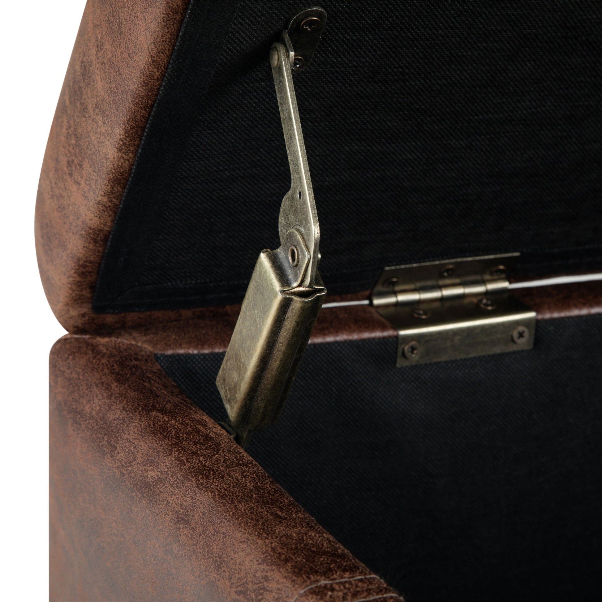 Close-up of the Dover Upholstered Storage Ottoman Bench, featuring an open brown lid supported by a metal hinge and support mechanism, revealing a dark fabric-lined interior.