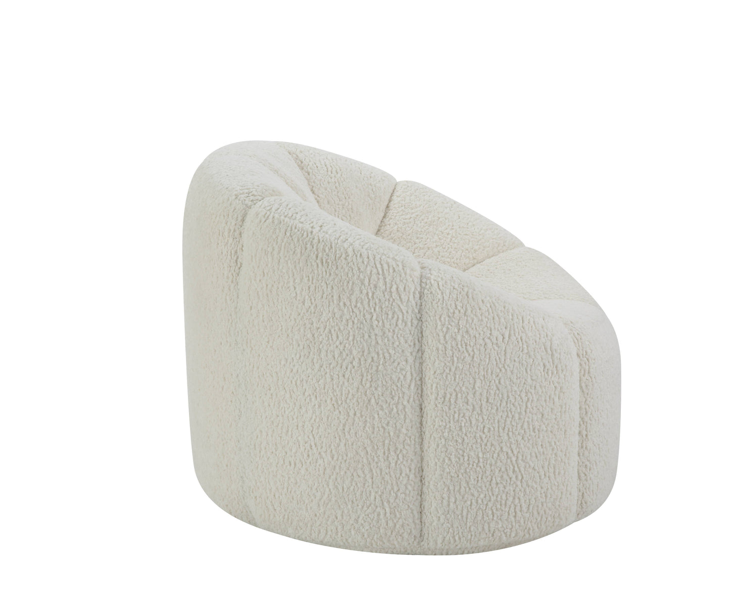 The Osmash Teddy Sherpa Chair With Swivel in white features a cozy curved backrest and soft textured upholstery. Its modern design with smooth, rounded edges creates an inviting appearance.
