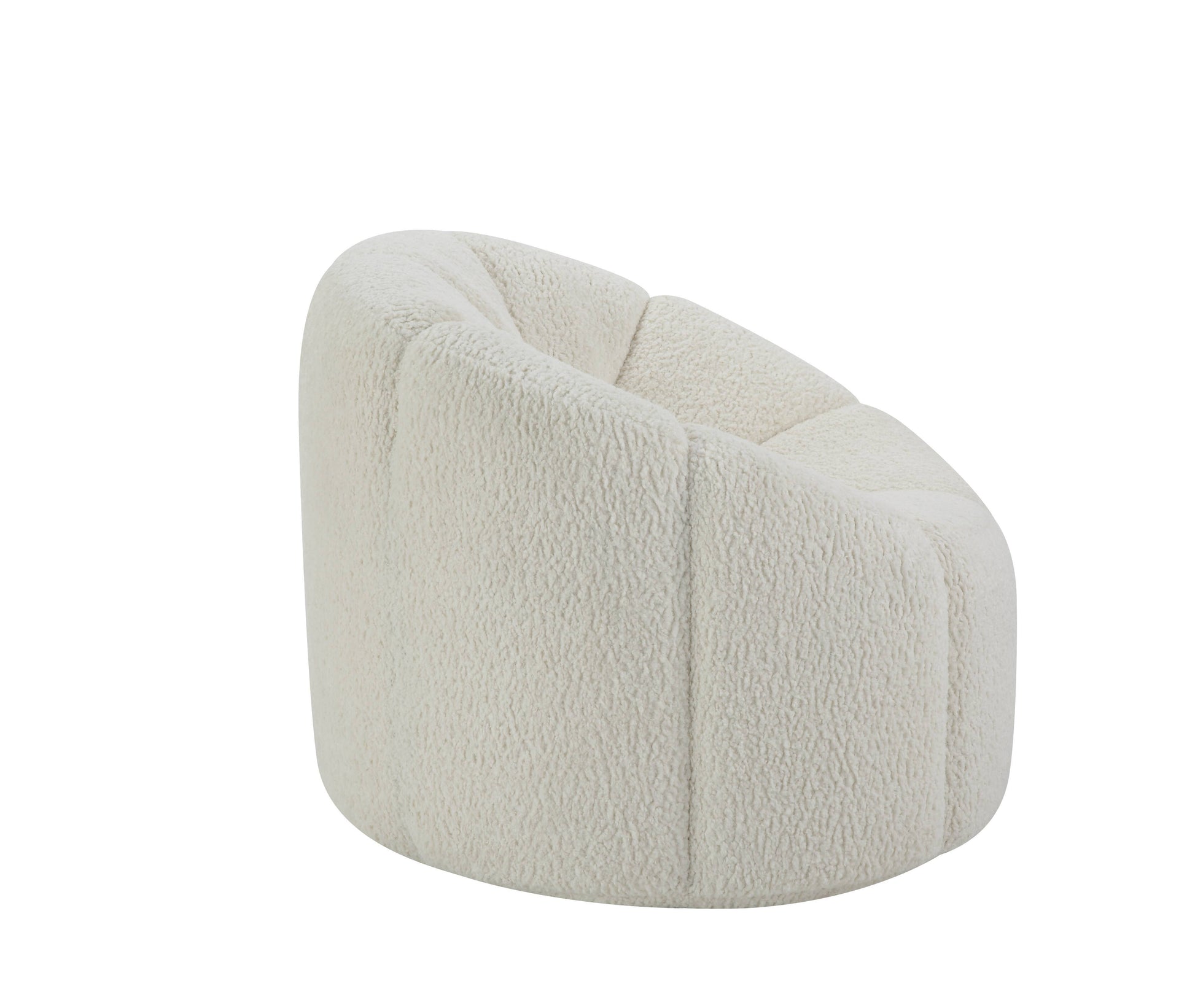 The Osmash Teddy Sherpa Chair With Swivel in white features a cozy curved backrest and soft textured upholstery. Its modern design with smooth, rounded edges creates an inviting appearance.