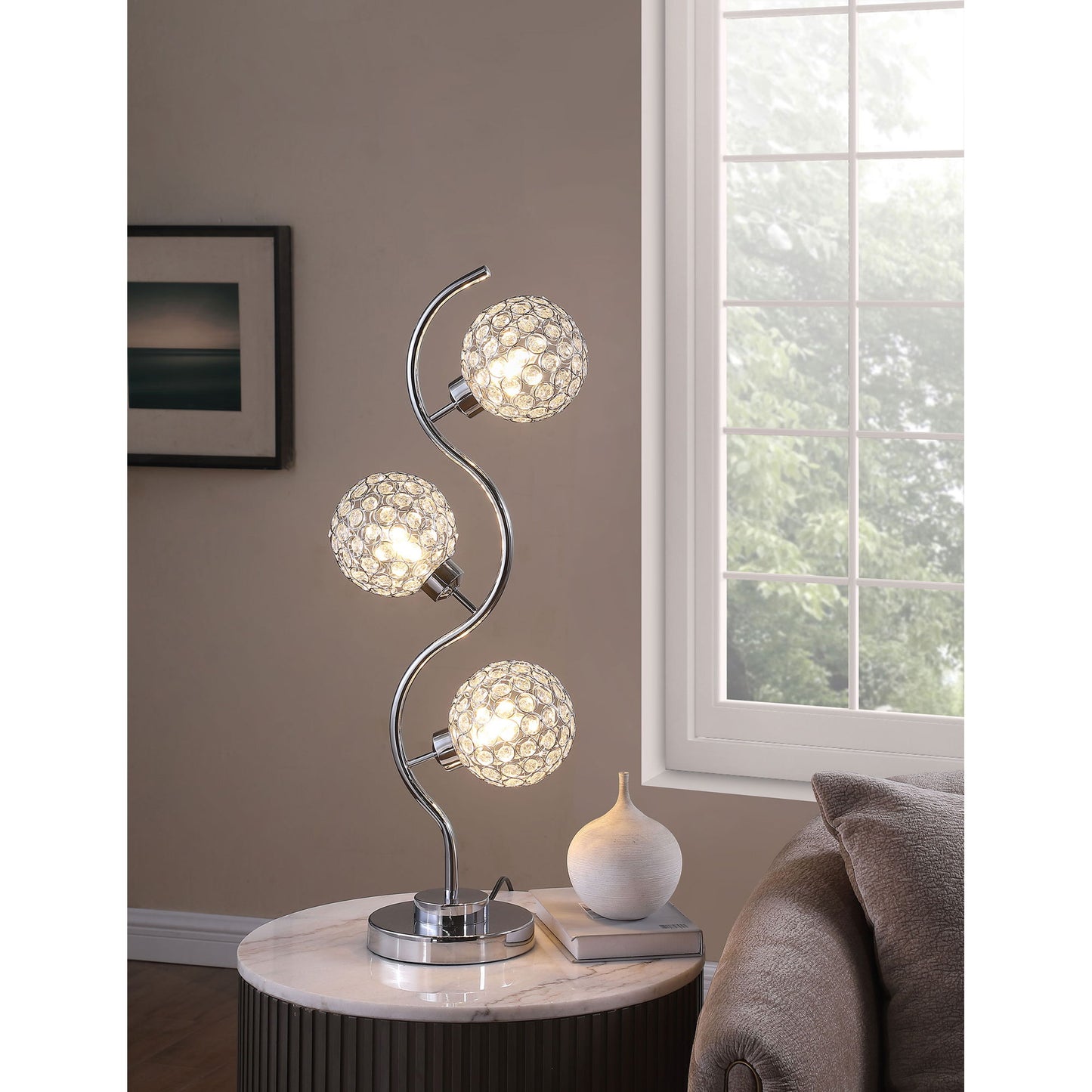 Vandy - 3 Light Curvy Table Lamp With Orb Shades - Chrome