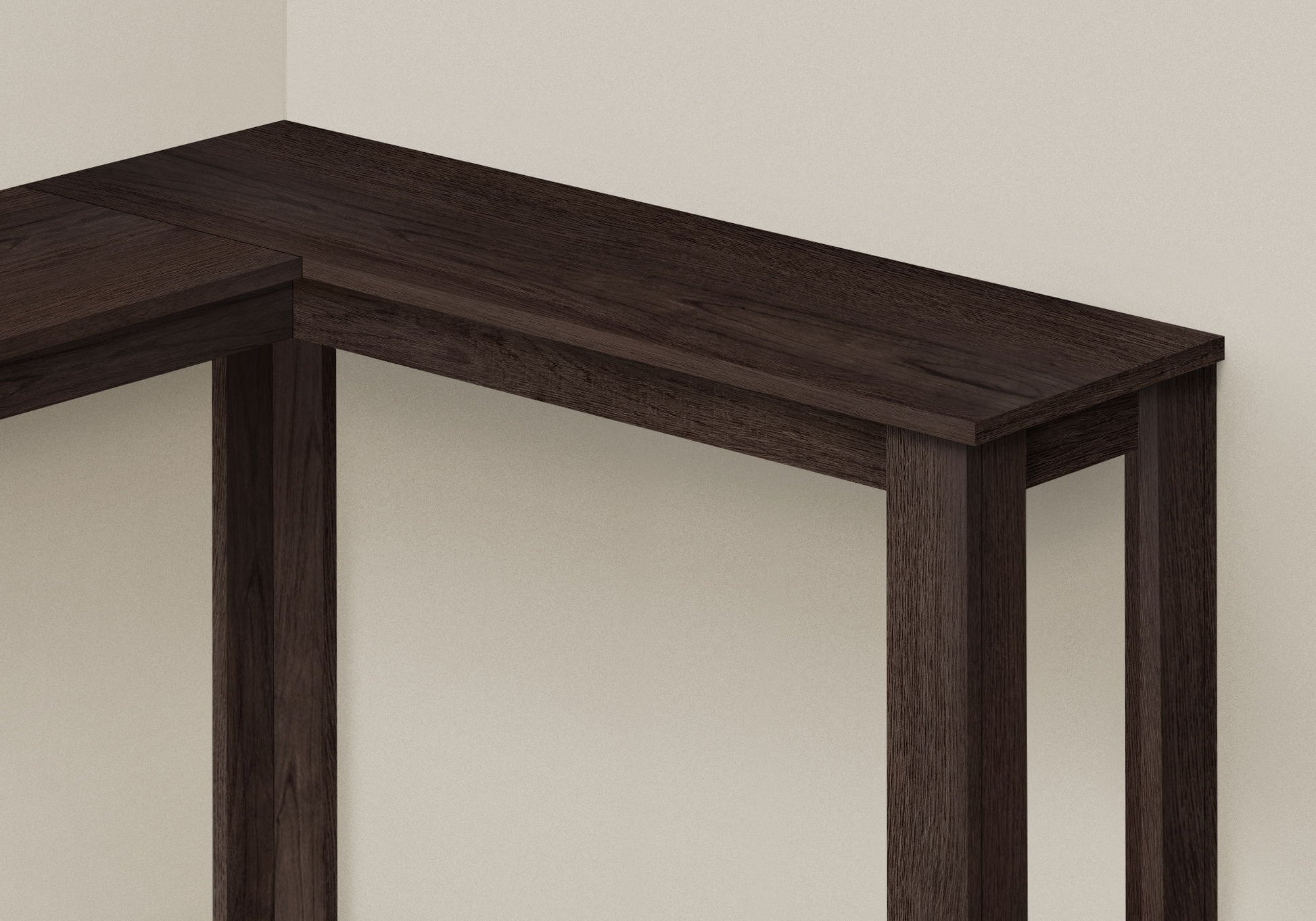 The Corner Accent Console Table for Entryway features a unique contemporary and modern design with clean, straight lines, rectangular legs, and a smooth dark wood surface, perfectly positioned in the corner of a light-colored room.