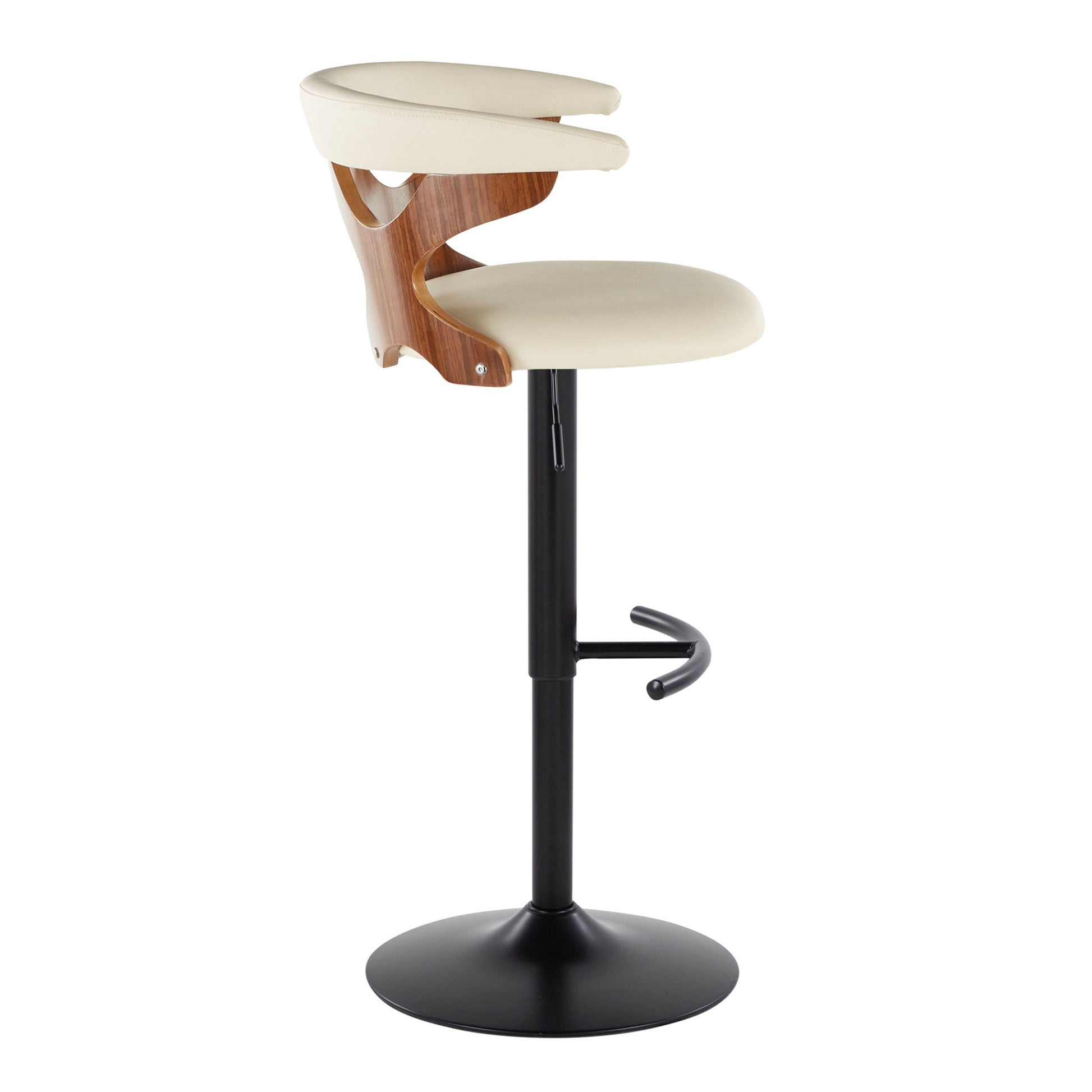 Set of 2 Gardenia Contemporary Adjustable Swivel Barstools with beige cushioned seats, curved wooden backrests, and black metal bases featuring rounded T footrests, shown side view.