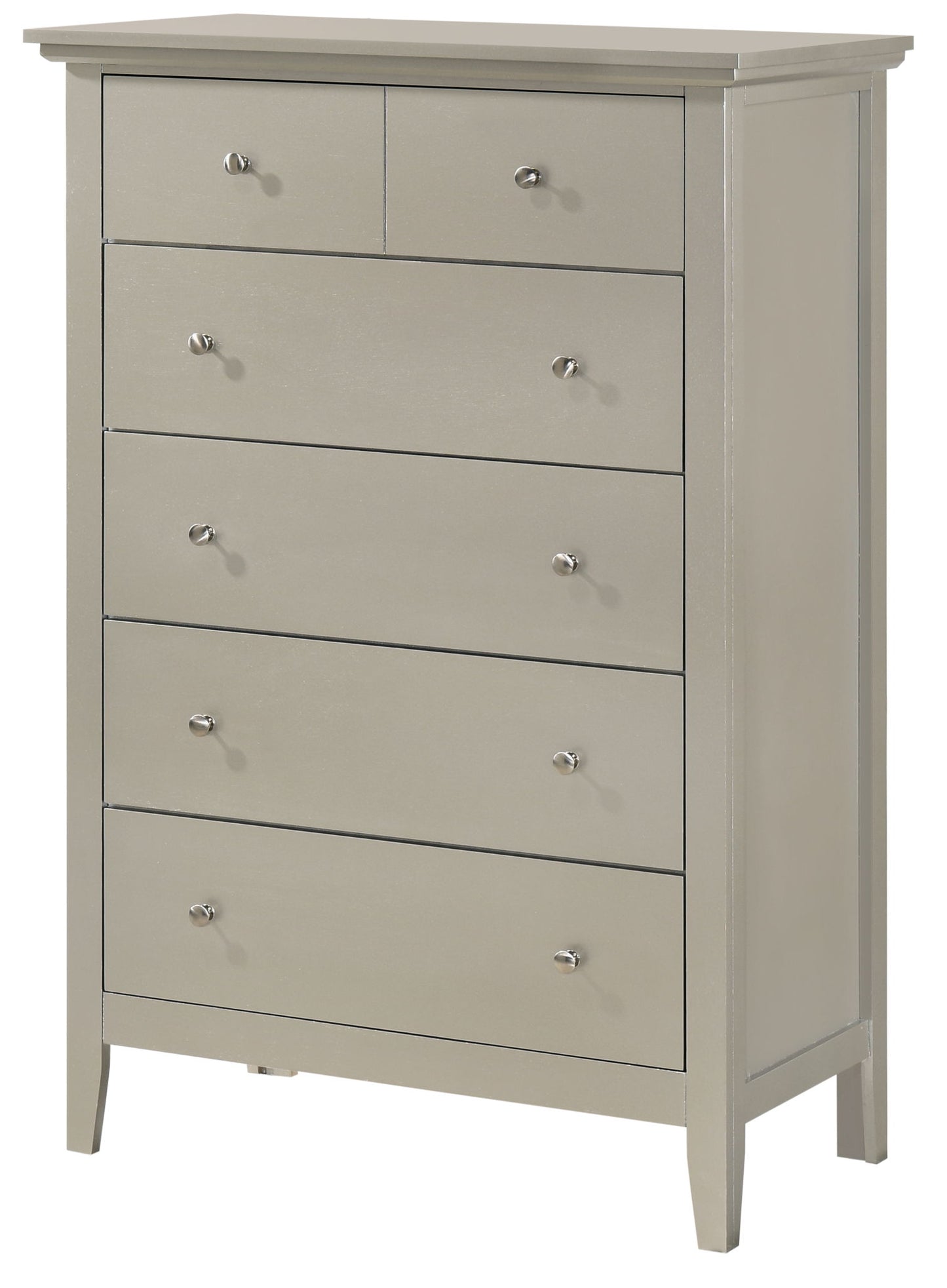 The Hammond Chest is a tall, light gray wooden dresser with six drawers, each with round silver knobs. Featuring a simple, modern design, it stands on four short legs for an elegant touch.