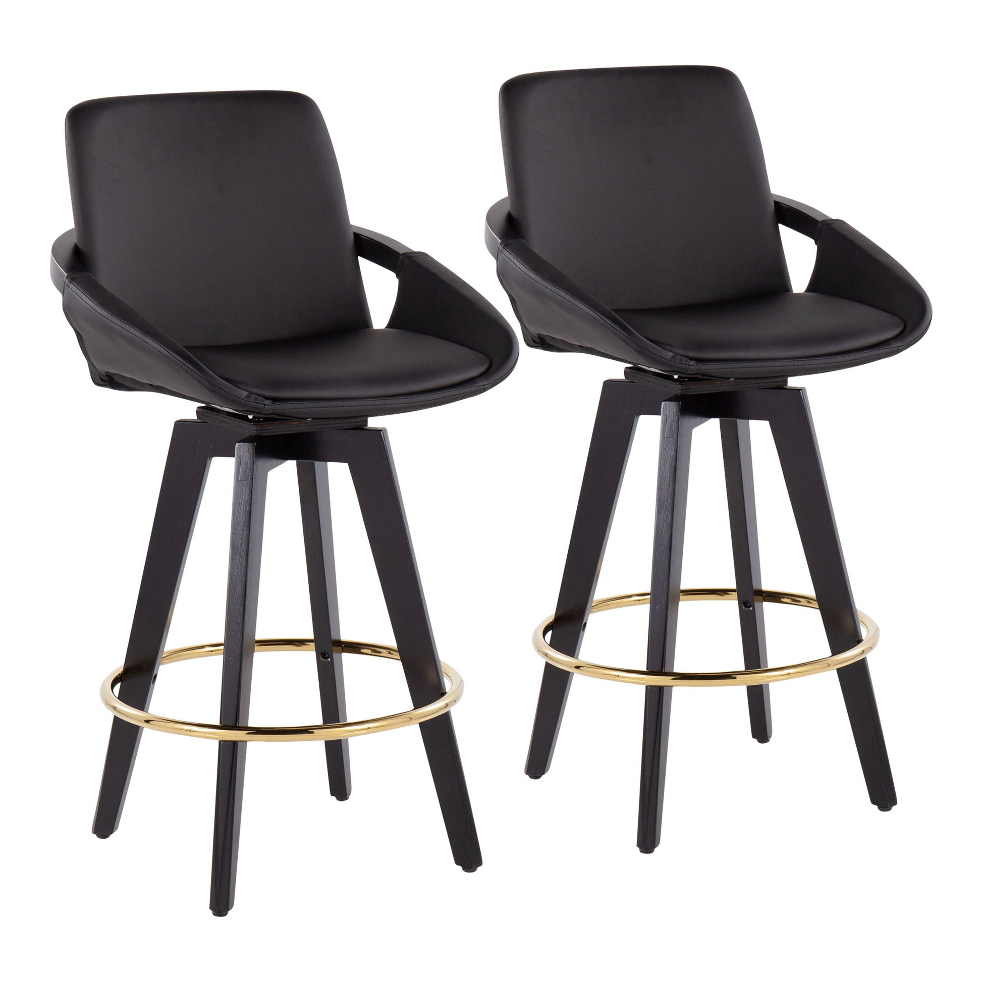 Set of 2 Cosmo Contemporary Fixed Height Counter Stools with swivel seats, black finish, armrests, cushioned seats, four legs, and a circular gold footrest for a sleek modern look.