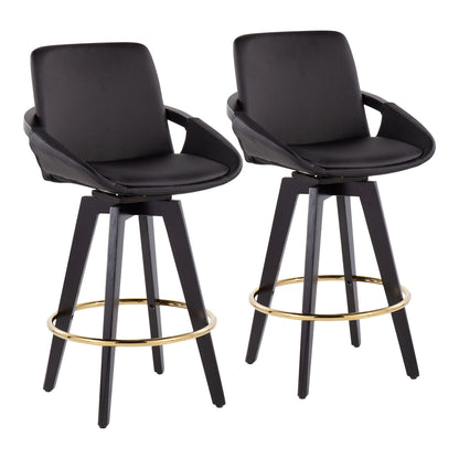 Set of 2 Cosmo Contemporary Fixed Height Counter Stools with swivel seats, black finish, armrests, cushioned seats, four legs, and a circular gold footrest for a sleek modern look.
