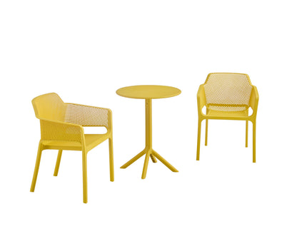 Two yellow mesh-patterned plastic armchairs and a matching round bistro table from the 3 Piece Plastic Arm Chair Bistro Grs Premium Ocean Plastic set are arranged on a white background.