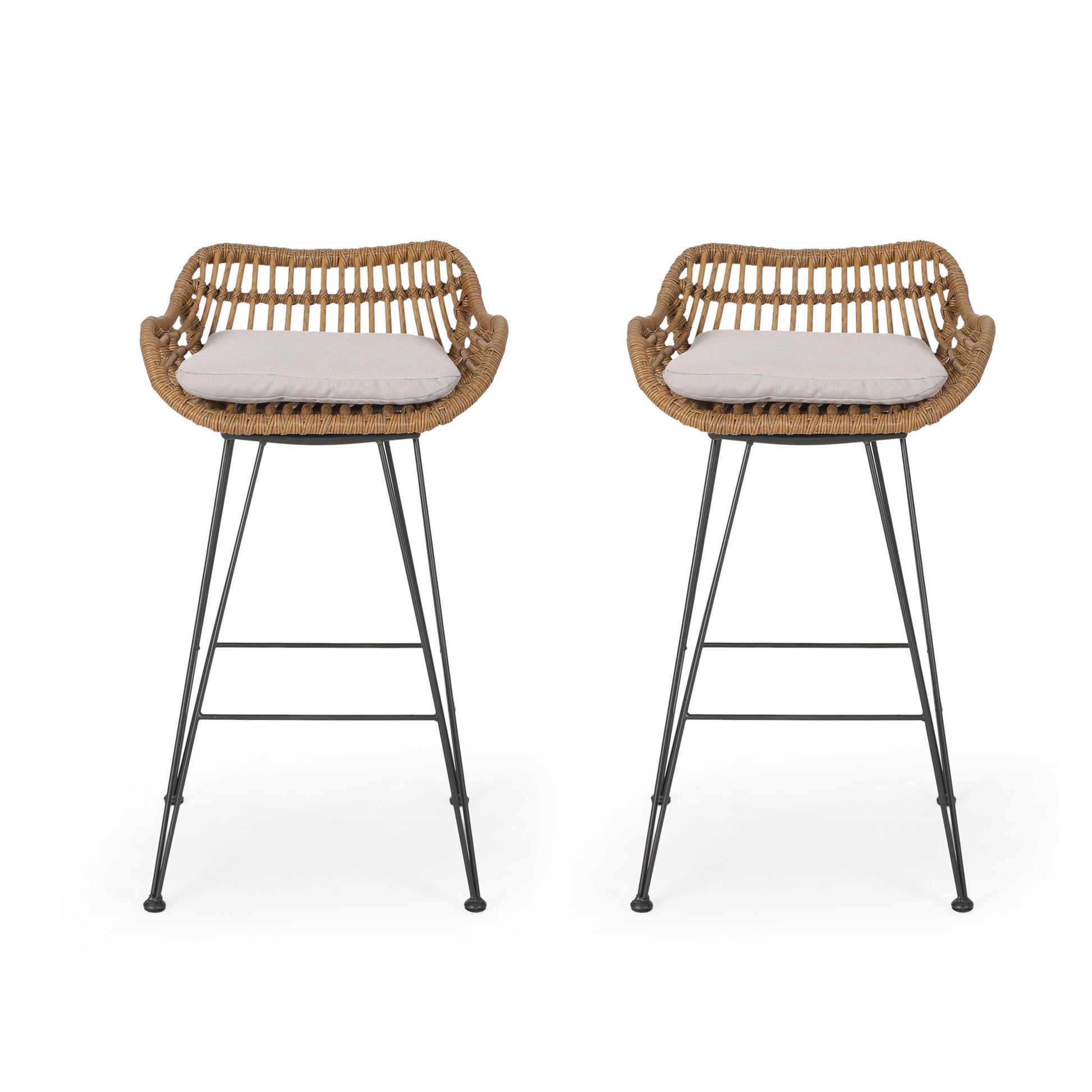Two Outdoor Rattan Bar Chairs with woven rattan seats, black metal legs, and light gray seat cushions are placed side by side on a white background.