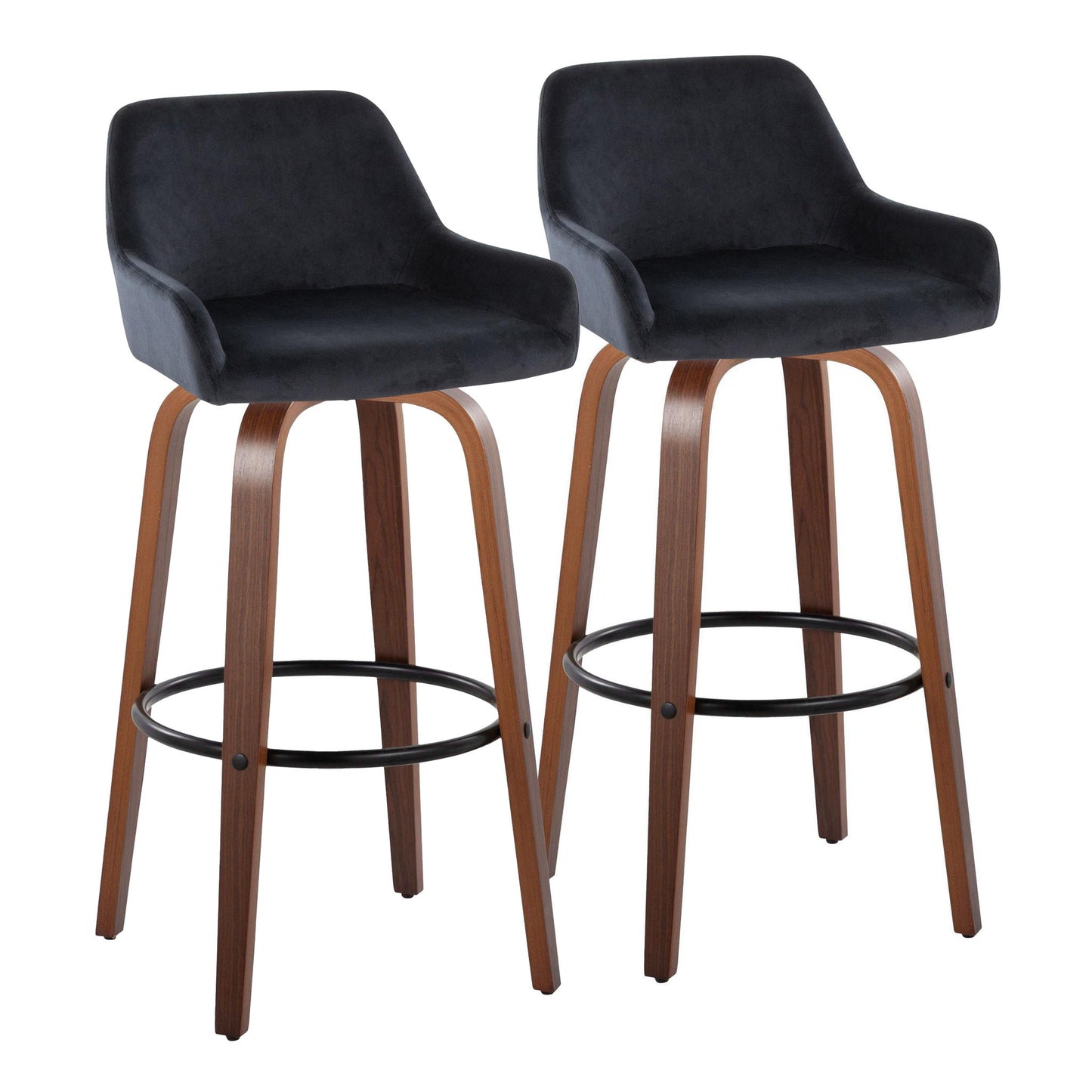 The Daniella set includes two contemporary barstools with curved wood legs, round black footrests, dark cushioned seats, low backs, and armrests for comfort. Fixed height and swivel features included.