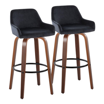 The Daniella set includes two contemporary barstools with curved wood legs, round black footrests, dark cushioned seats, low backs, and armrests for comfort. Fixed height and swivel features included.