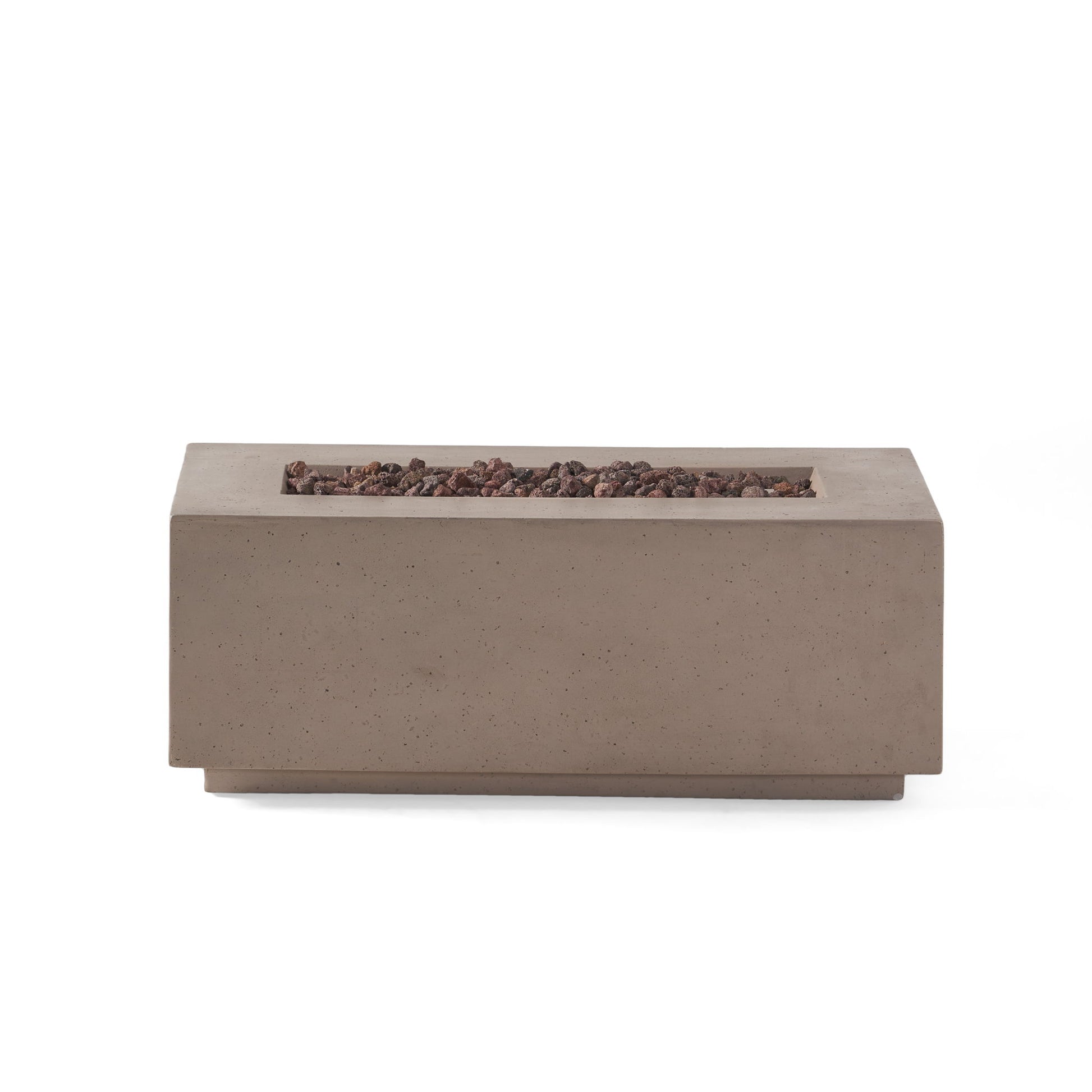 The Contemporary Outdoor 40,000 Btu Propane Fire Pit features a modern rectangular design in light gray concrete, filled with small dark stones and displayed against a plain white background.