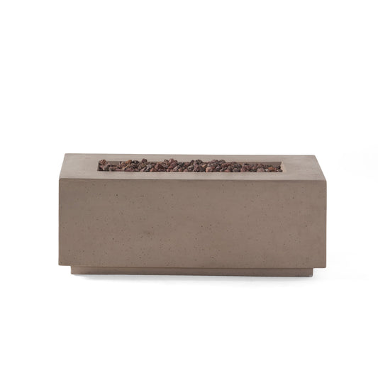 The Contemporary Outdoor 40,000 Btu Propane Fire Pit features a modern rectangular design in light gray concrete, filled with small dark stones and displayed against a plain white background.