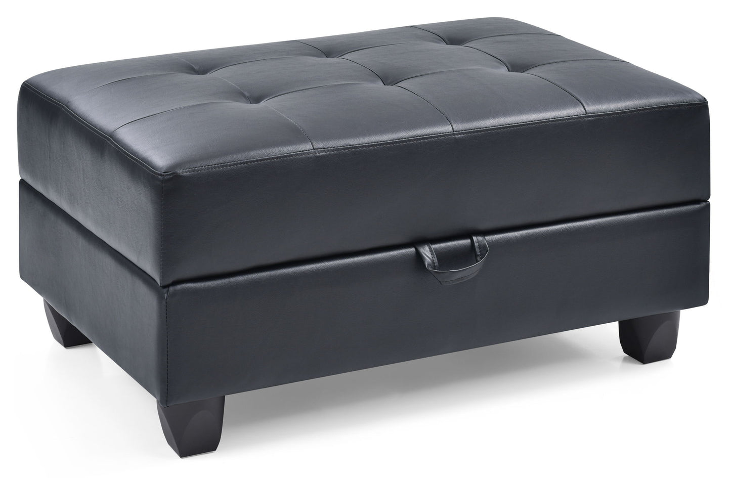 The Stylish Storage Contemporary Ottoman features a black rectangular leather design with a tufted top, short wooden legs, and a small fabric pull handle on the front.