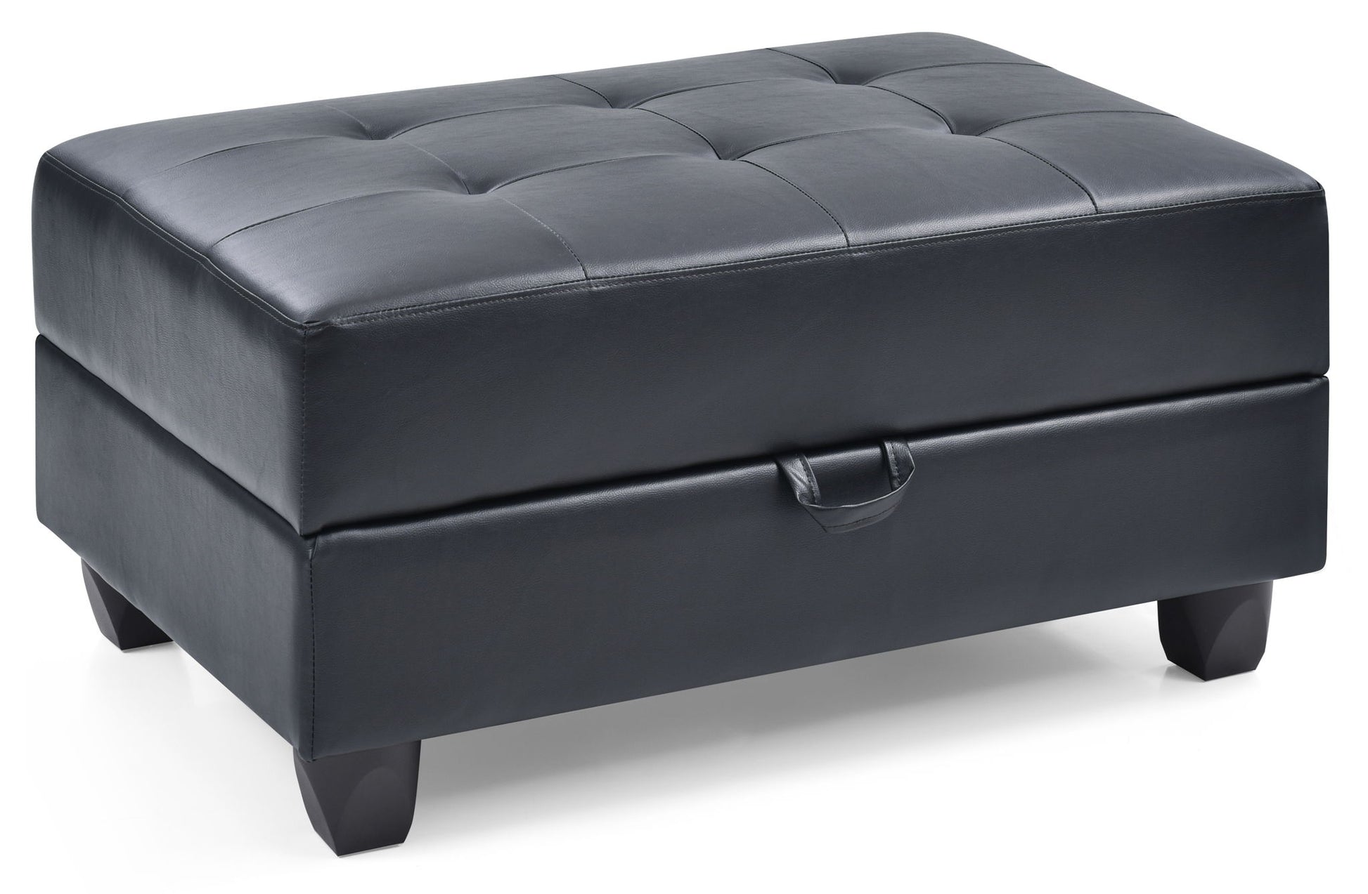 The Stylish Storage Contemporary Ottoman features a black rectangular leather design with a tufted top, short wooden legs, and a small fabric pull handle on the front.