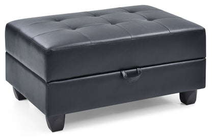 The Stylish Storage Contemporary Ottoman features a black rectangular leather design with a tufted top, short wooden legs, and a small fabric pull handle on the front.