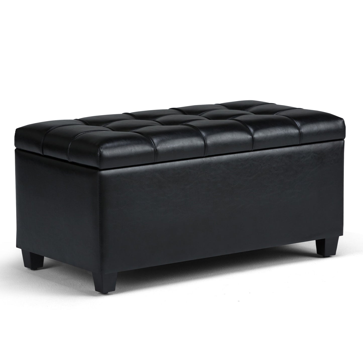 The Sienna Upholstered Storage Ottoman Bench is a black, rectangular piece with a cushioned, tufted lid and short legs, offering both seating and hidden storage.