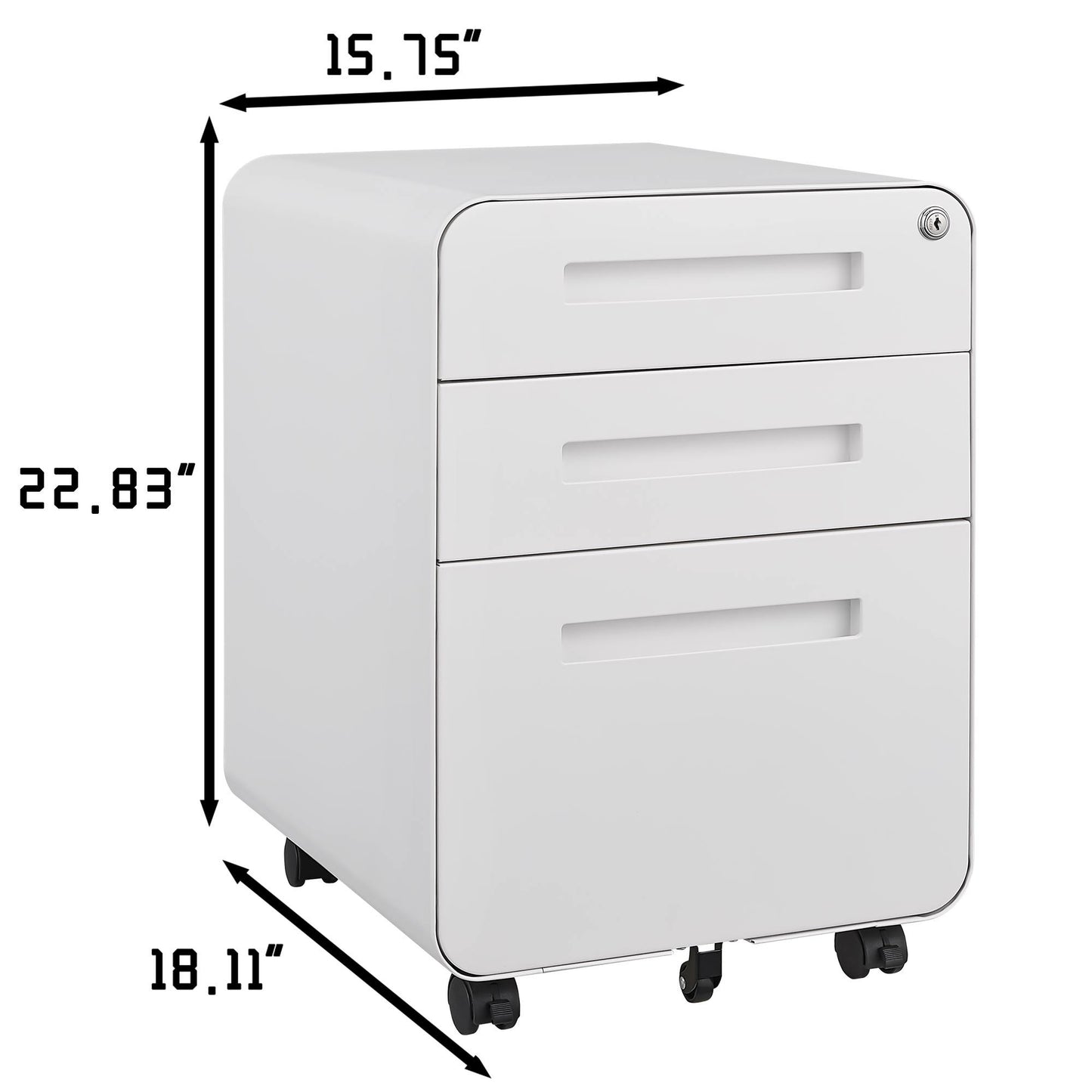 The 3 Drawer Mobile File Cabinet fits under desks, offers versatile storage for legal, letter, or A4 files, features a 5-wheel anti-tilt design, and measures 15.75"W x 22.83"H x 18.11"D in cold-rolled steel with lockable drawers.