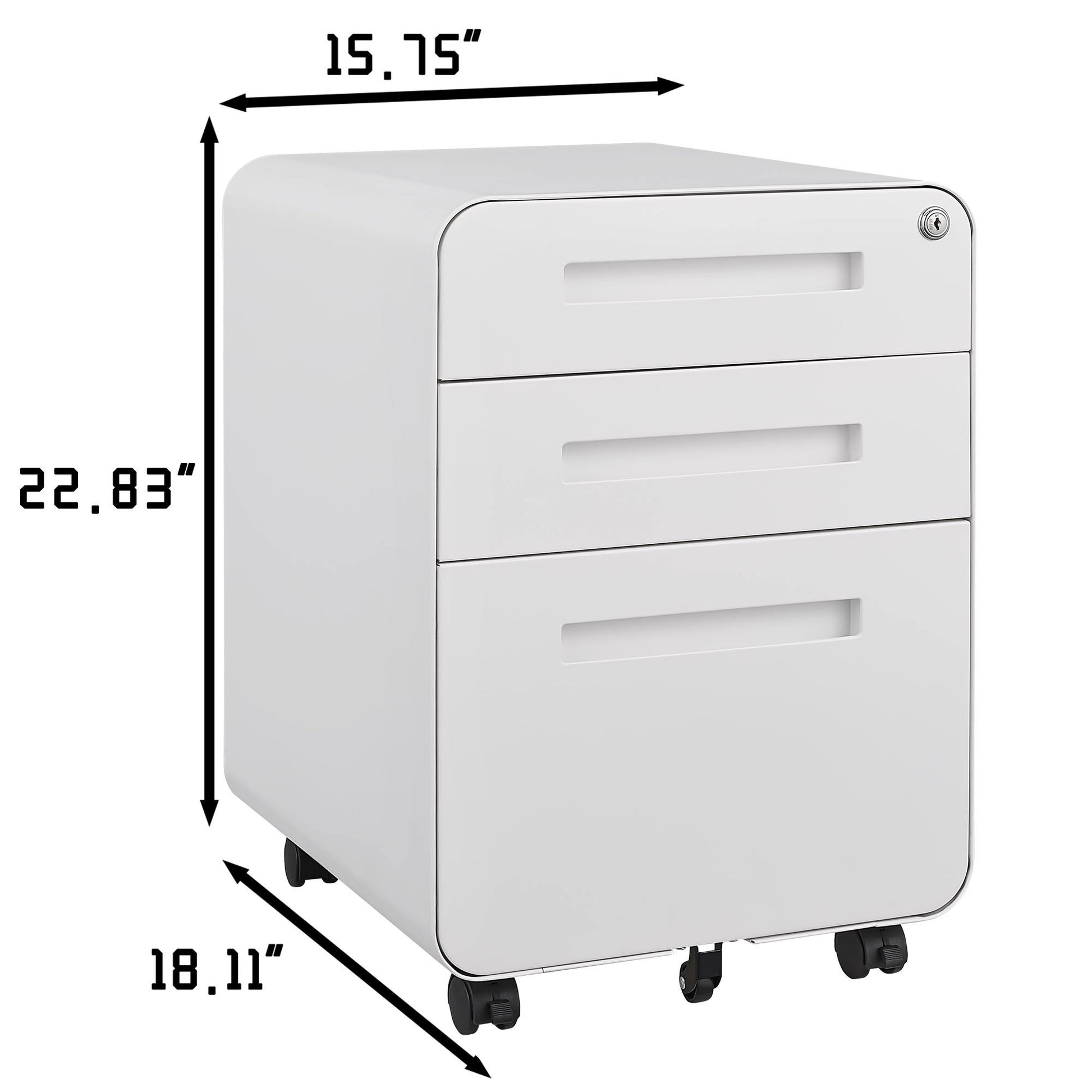 The 3 Drawer Mobile File Cabinet fits under desks, offers versatile storage for legal, letter, or A4 files, features a 5-wheel anti-tilt design, and measures 15.75"W x 22.83"H x 18.11"D in cold-rolled steel with lockable drawers.
