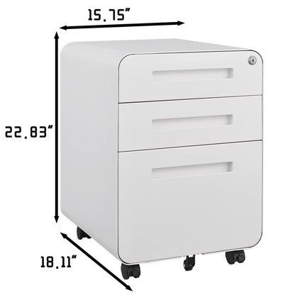The 3 Drawer Mobile File Cabinet fits under desks, offers versatile storage for legal, letter, or A4 files, features a 5-wheel anti-tilt design, and measures 15.75"W x 22.83"H x 18.11"D in cold-rolled steel with lockable drawers.