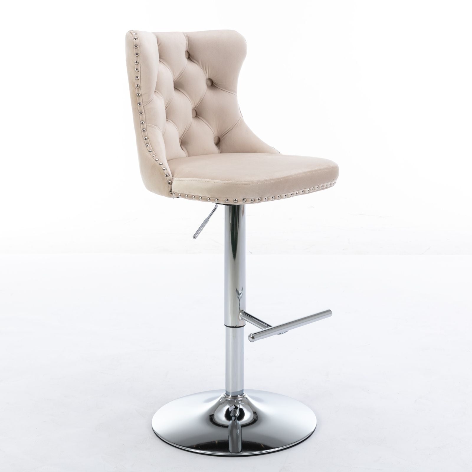 A set of 2 modern swivel velvet barstools with tufted backs, chrome adjustable bases (25-33"), upholstered seats, and footrests, ideal for home pubs or kitchen islands, shown on a plain white background.