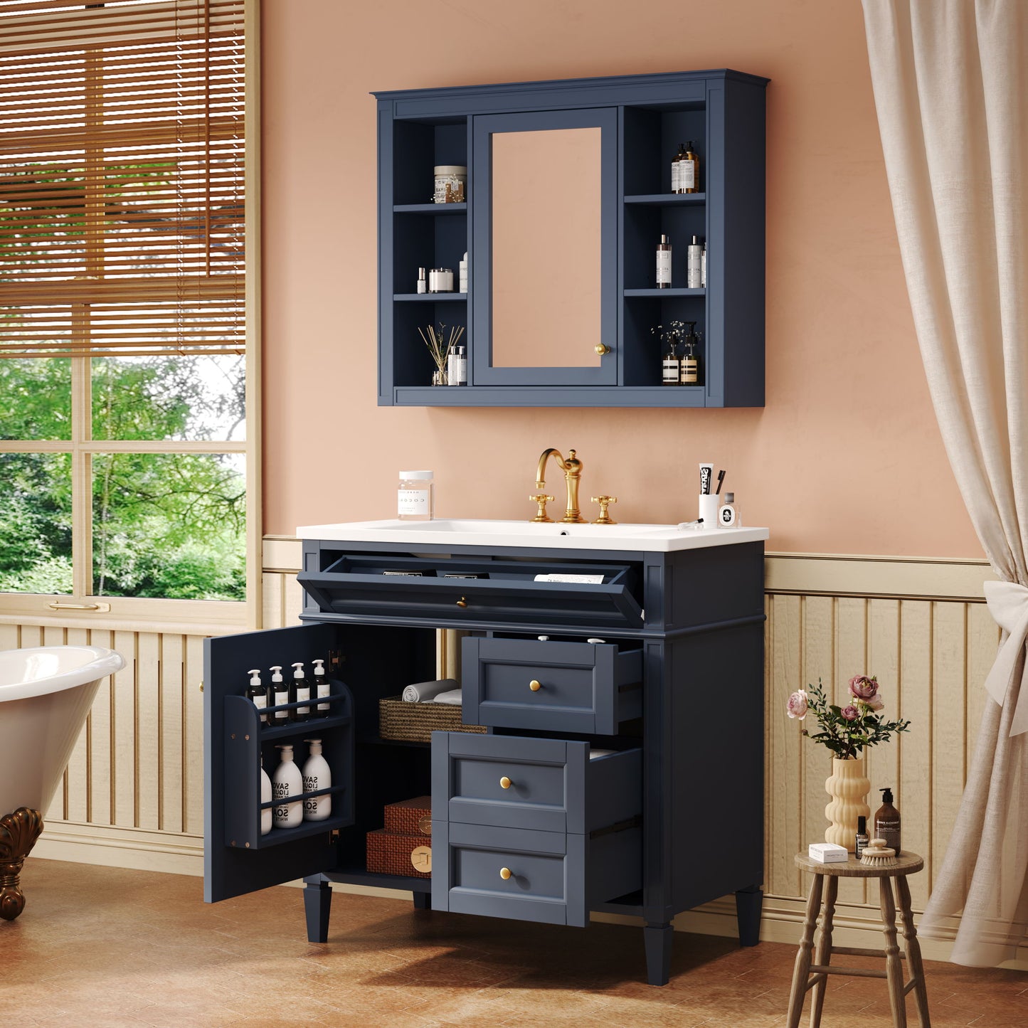 Bathroom Vanity With Top Sink, Storage Cabinet With Mirror, 2 Doors, 3 Drawers, 6 Open Shelves