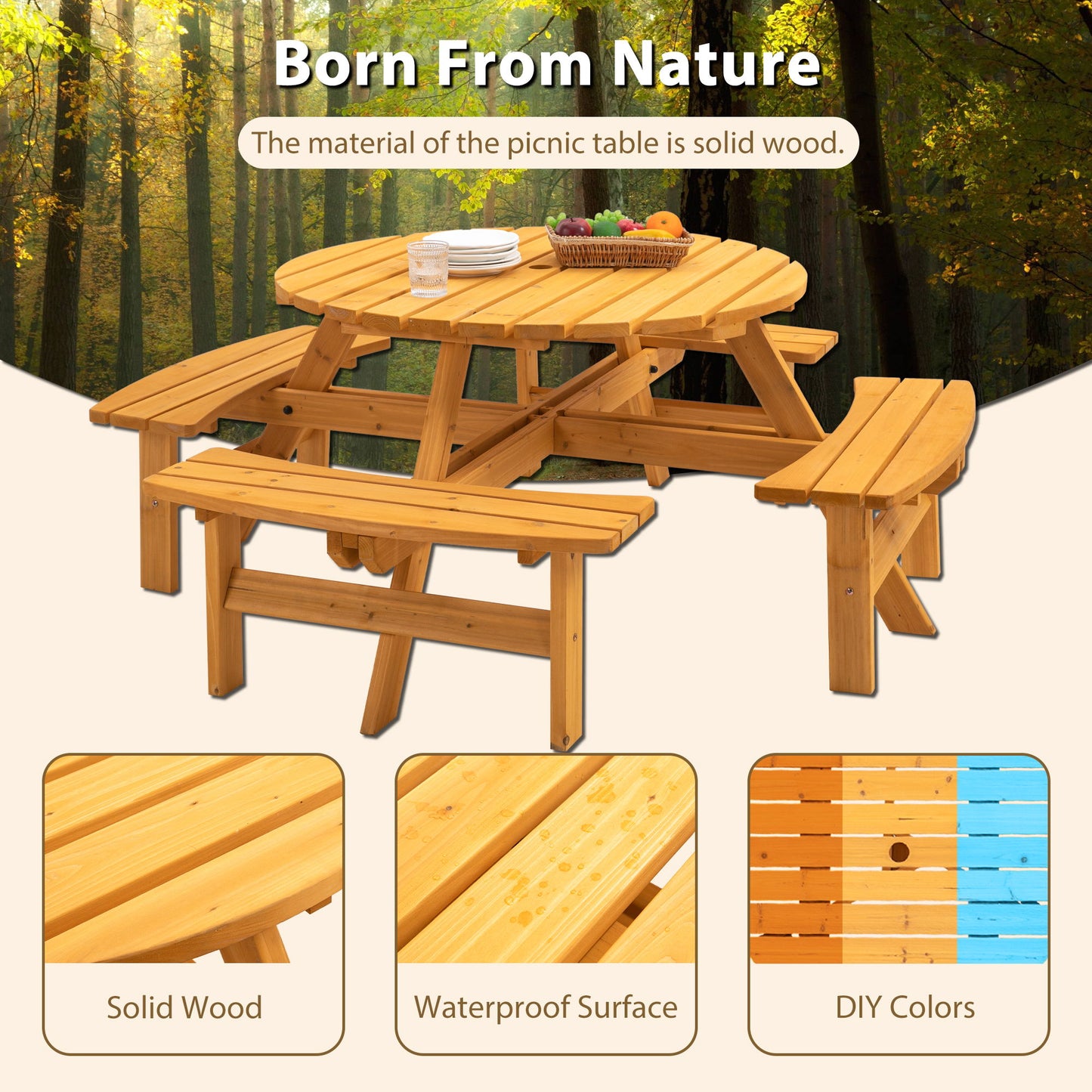 The 8 Person Wooden Picnic Table features 4 built-in benches, a solid waterproof surface, and holds up to 2220lb. Shown in a forest setting with DIY color options and wood close-ups, it's ideal for outdoor camping or garden dining.