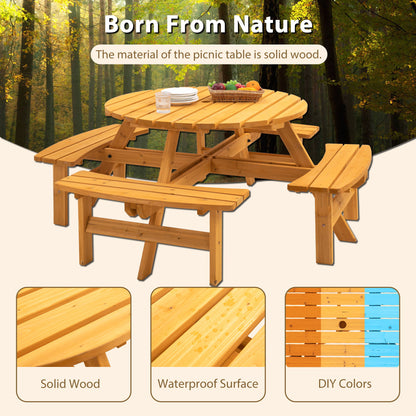 The 8 Person Wooden Picnic Table features 4 built-in benches, a solid waterproof surface, and holds up to 2220lb. Shown in a forest setting with DIY color options and wood close-ups, it's ideal for outdoor camping or garden dining.