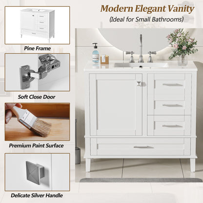 The Bathroom Vanity, a modern cabinet with sink combo set, is shown in a sleek bathroom. Insets highlight its solid wood frame, soft-closing door, 3 drawers, premium paint finish, and silver handle details. Text outlines each feature.