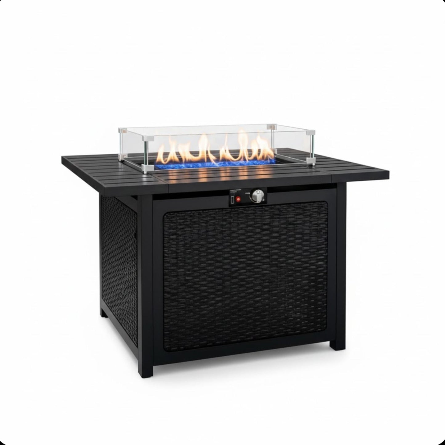 Outdoor 2 In 1 Propane Fire Pit Table With Lid & Glass Shield, Rectangular Fire Table, Lava Rock & Cover - Black