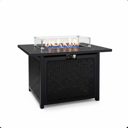 Outdoor 2 In 1 Propane Fire Pit Table With Lid & Glass Shield, Rectangular Fire Table, Lava Rock & Cover - Black