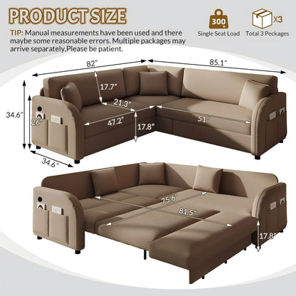 L-Shaped Couch With Pull-Out Bed, Oversize Convertible Sleeper Sofa With Side Pocket & USB Port