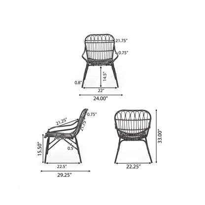 Three views of the Monsoon Outdoor Accent Chair in black, featuring open weave design. Dimensions: 33"H x 22.25"W x 29.25"D; seat 15.5"H x 21.25"W x 20.5"D; arm height 21.75"W, armrest height 0.75".