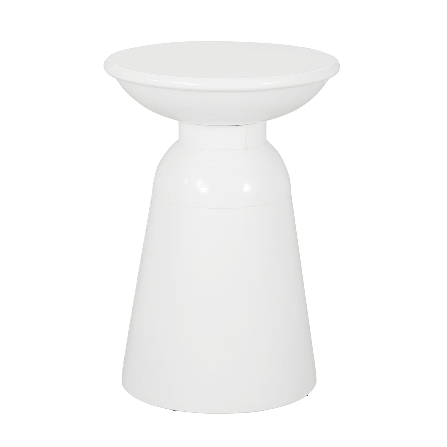 The Outdoor Modern Metal End Large Table features a glossy white finish, a minimalist round top, and a tapered conical base, offering smooth surfaces and contemporary style for your space.