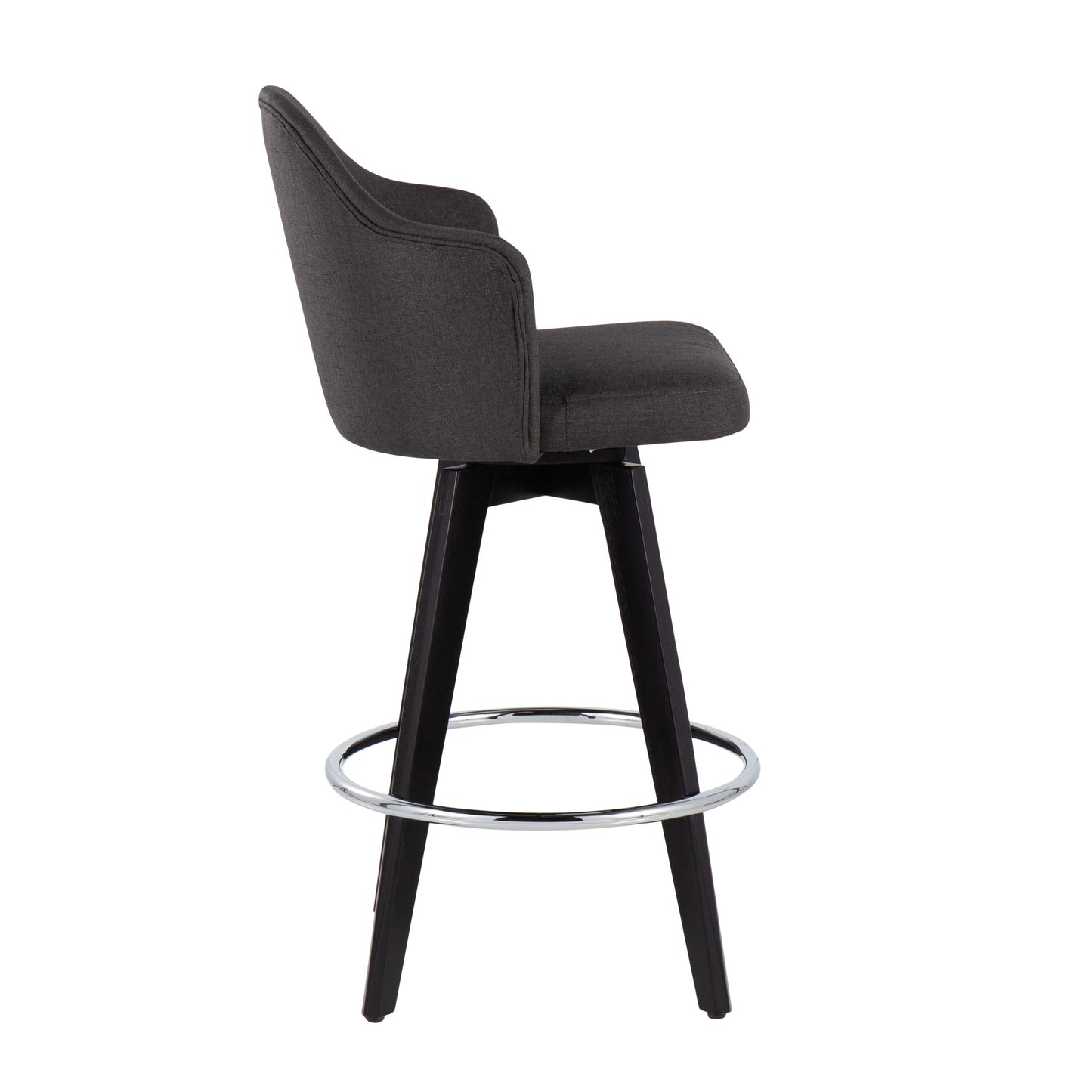The Ahoy contemporary counter stool set includes two stools featuring dark gray padded seats and backrests, a sleek black wooden frame, a circular chrome footrest, and a swivel base. Both stools are shown from the side against a plain white backdrop.