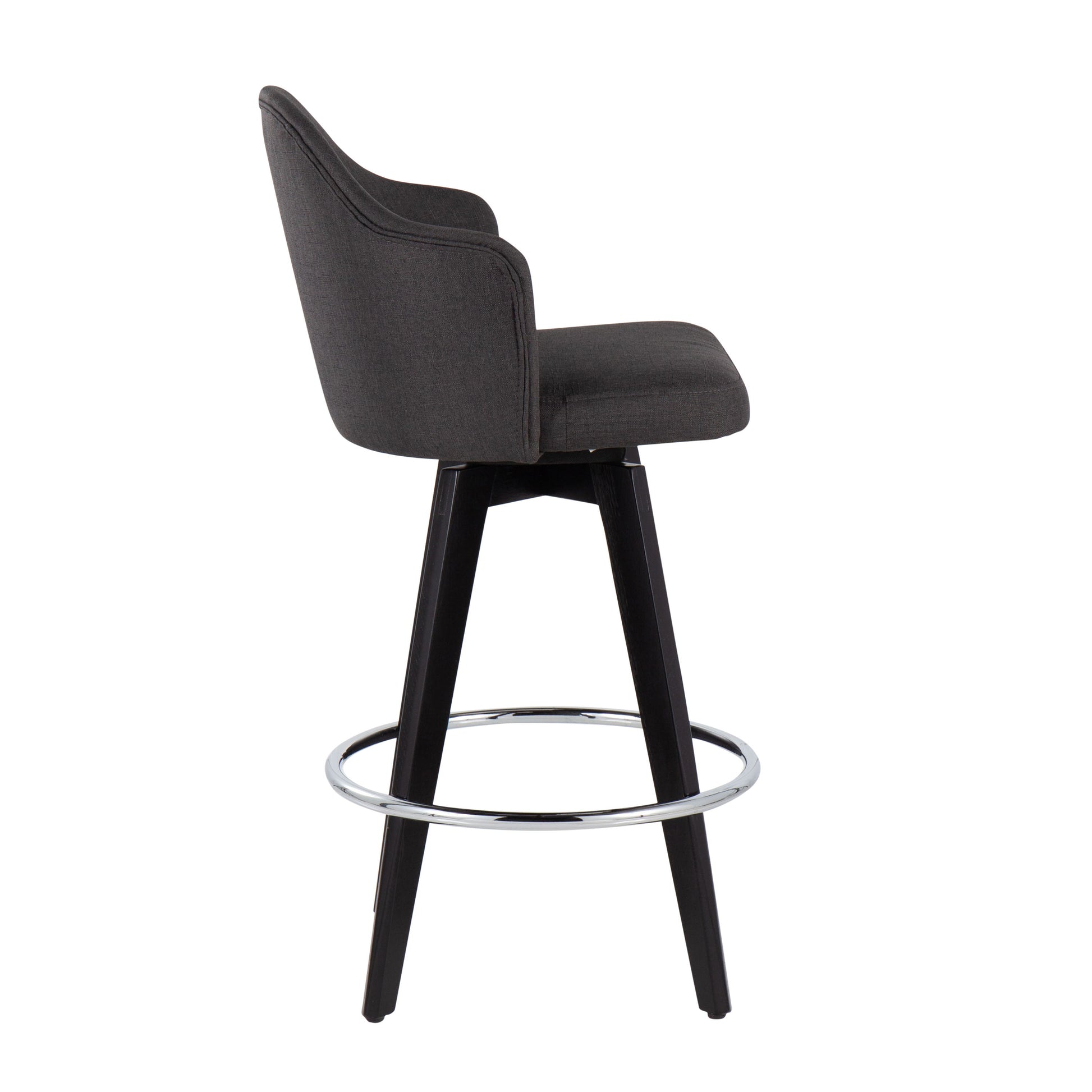 The Ahoy contemporary counter stool set includes two stools featuring dark gray padded seats and backrests, a sleek black wooden frame, a circular chrome footrest, and a swivel base. Both stools are shown from the side against a plain white backdrop.