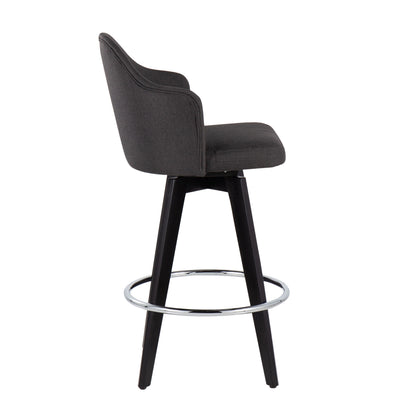 The Ahoy contemporary counter stool set includes two stools featuring dark gray padded seats and backrests, a sleek black wooden frame, a circular chrome footrest, and a swivel base. Both stools are shown from the side against a plain white backdrop.