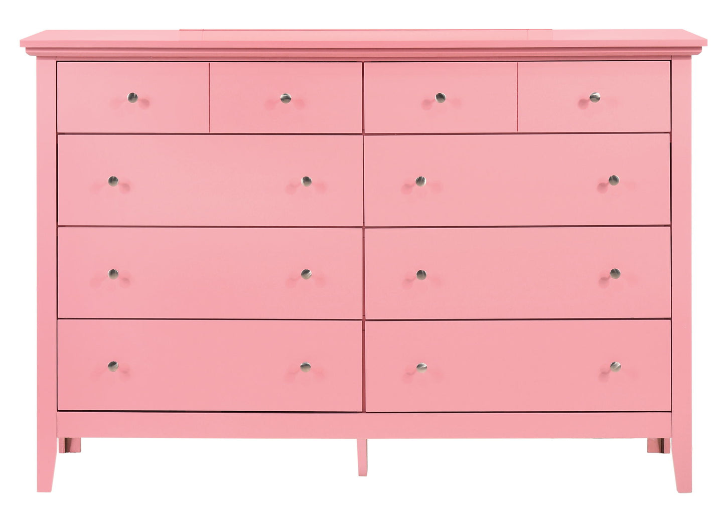 The Elegant Casual Dresser For Any Room is a pink wooden piece with twelve drawers, each adorned with a small round silver knob, and stands on short legs against a plain white background.