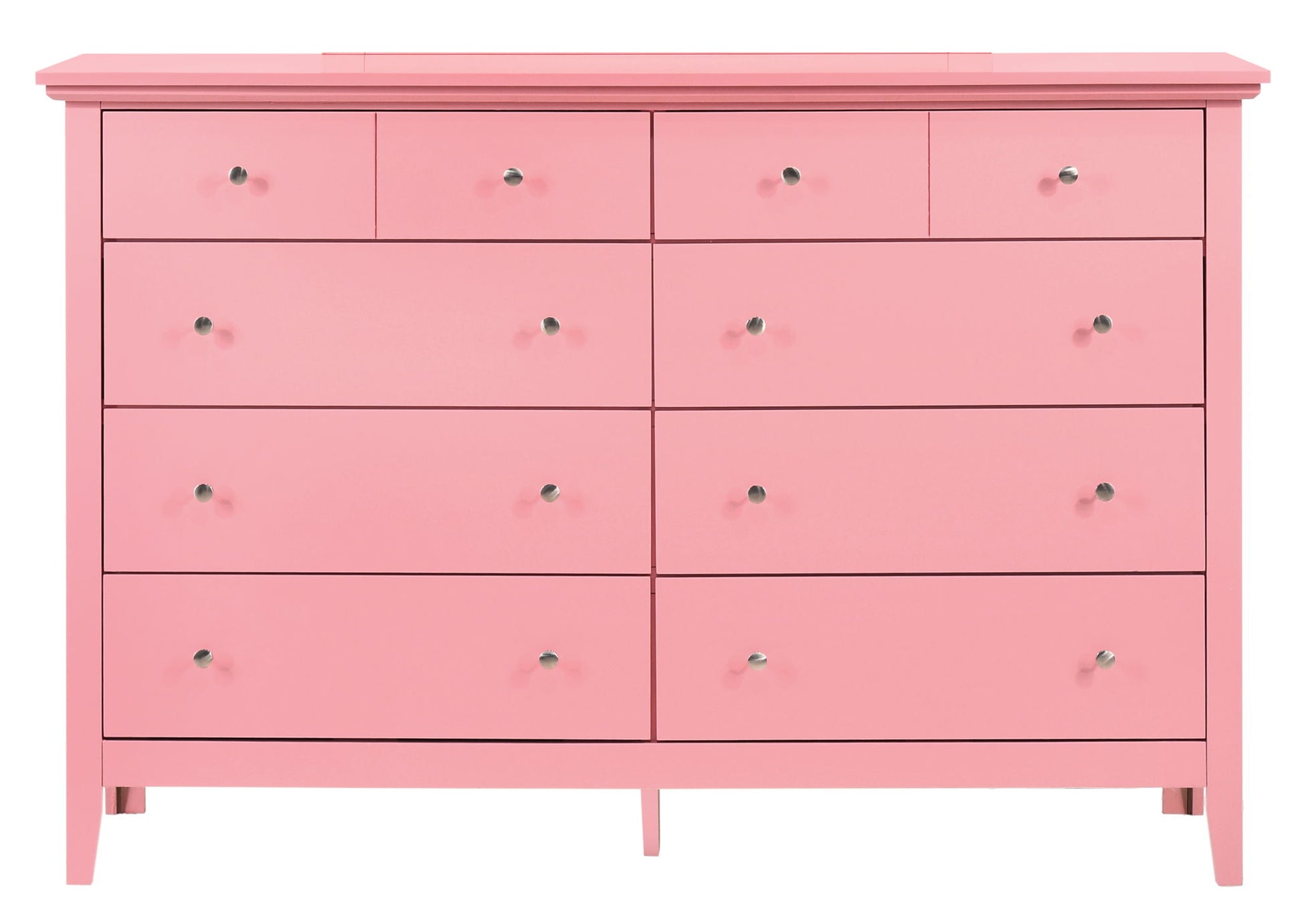 The Elegant Casual Dresser For Any Room is a pink wooden piece with twelve drawers, each adorned with a small round silver knob, and stands on short legs against a plain white background.