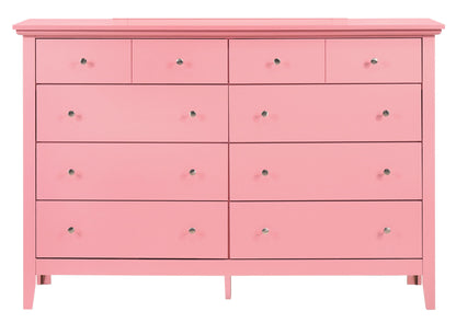 The Elegant Casual Dresser For Any Room is a pink wooden piece with twelve drawers, each adorned with a small round silver knob, and stands on short legs against a plain white background.