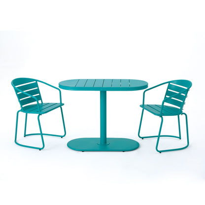 The 3 Piece Elegant Outdoor Bistro Set features a modern teal oval table and two matching slatted metal chairs, all displayed against a plain white background.