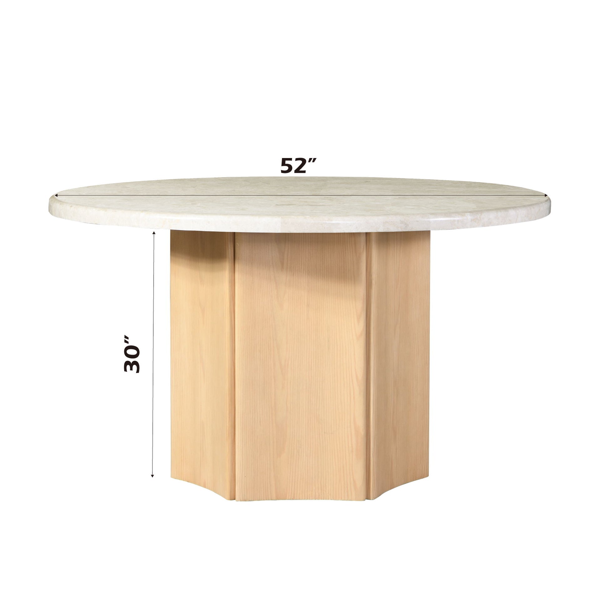 The Qwin Marble Top Round Dining Table features a natural light wood base and a white marble top, measuring 52" in diameter and 30" high.