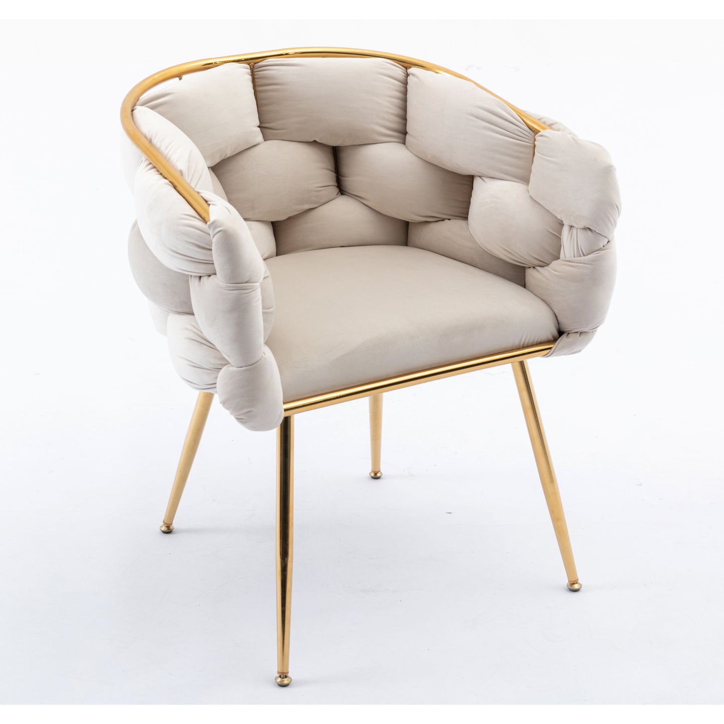 The Luxury Modern Simple Leisure Velvet Single Sofa Chair features gold metal legs, a rounded back and sides, and soft tufted light beige upholstery for a plush, cloud-like look—perfect for bedrooms, vanities, or as a chic accent chair.