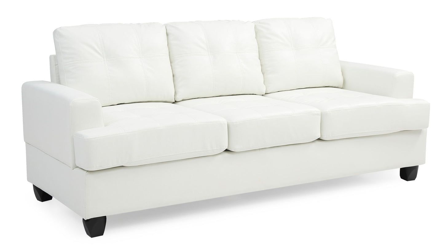 The Sandridge - Sofa features a modern design with white leather, three seat and back cushions, low armrests, and short dark wooden legs.