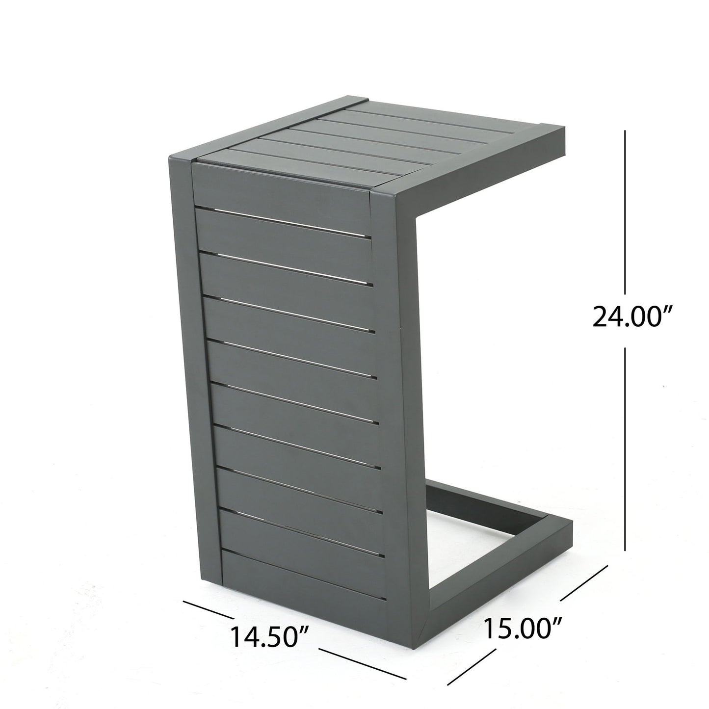 The Aluminum Outdoor C-Shaped Side Table for Patio features a modern metal design with slatted panels, measures 24"H x 14.5"W x 15"D, and comes in dark gray. Shown against a white background.
