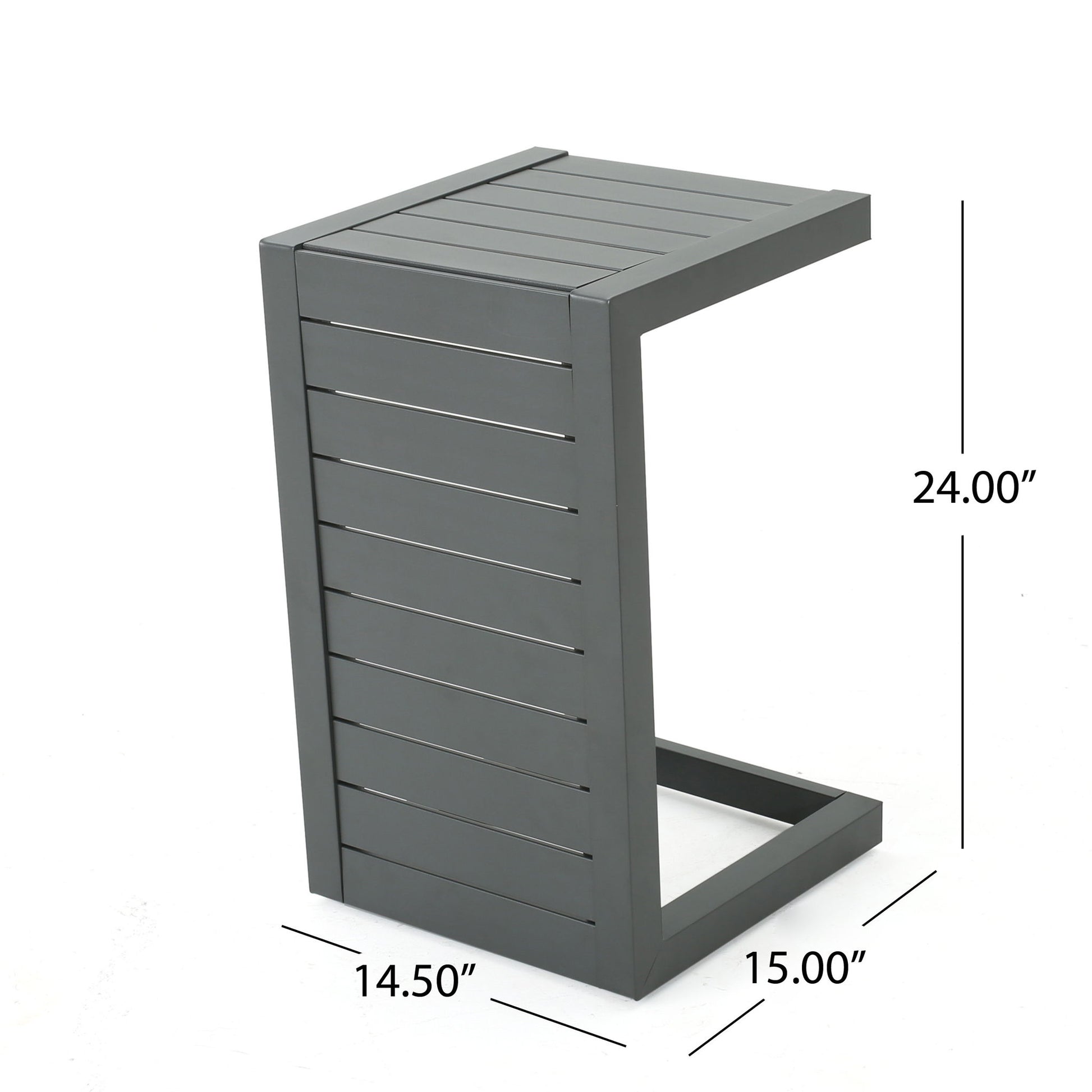 The Aluminum Outdoor C-Shaped Side Table for Patio features a modern metal design with slatted panels, measures 24"H x 14.5"W x 15"D, and comes in dark gray. Shown against a white background.