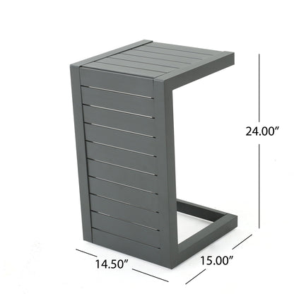 The Aluminum Outdoor C-Shaped Side Table for Patio features a modern metal design with slatted panels, measures 24"H x 14.5"W x 15"D, and comes in dark gray. Shown against a white background.