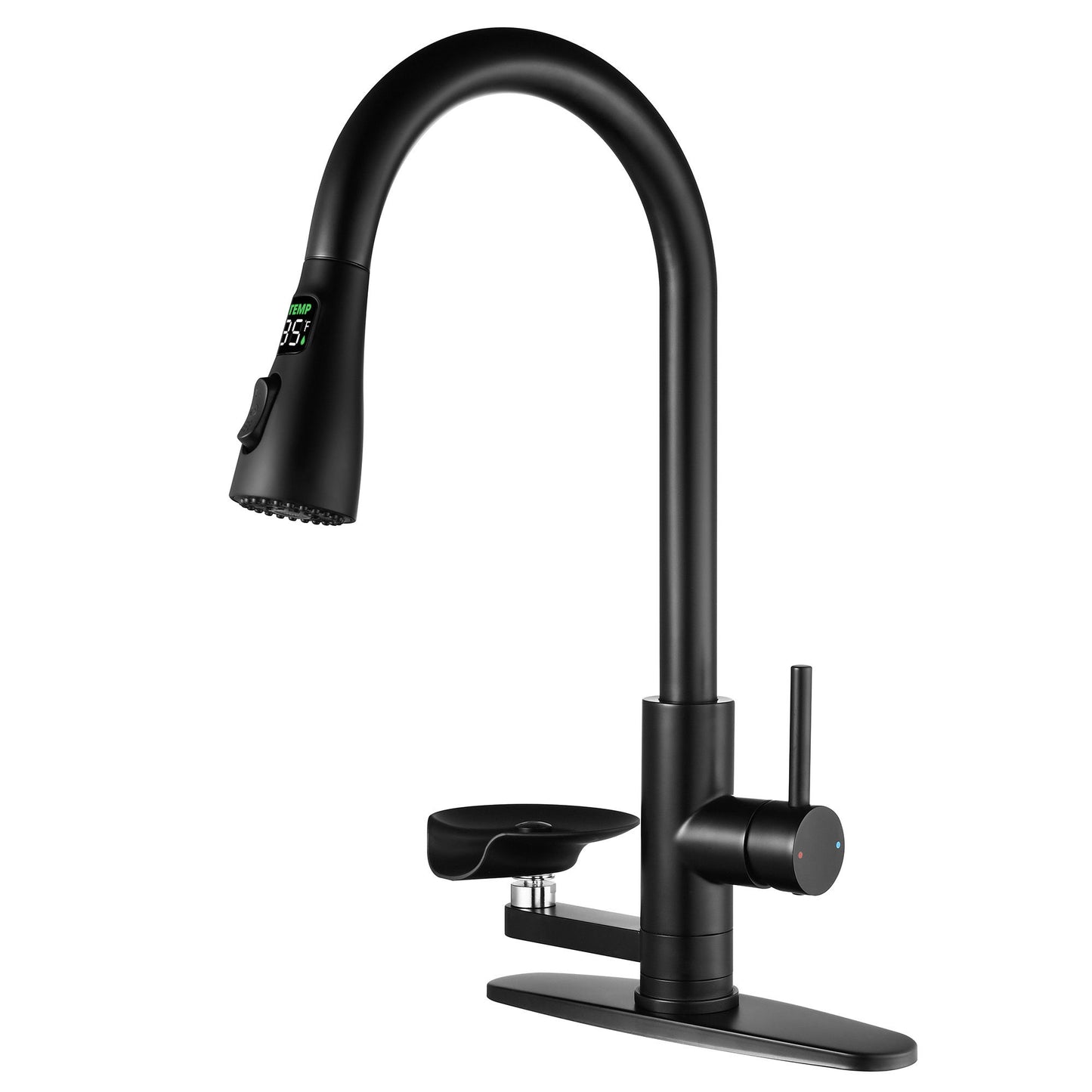 3 In 1 Kitchen Faucet With LED Temperature Display, Press Type Glass Rinser, Pull Down Sprayer, 3 Spray Modes - Matte Black