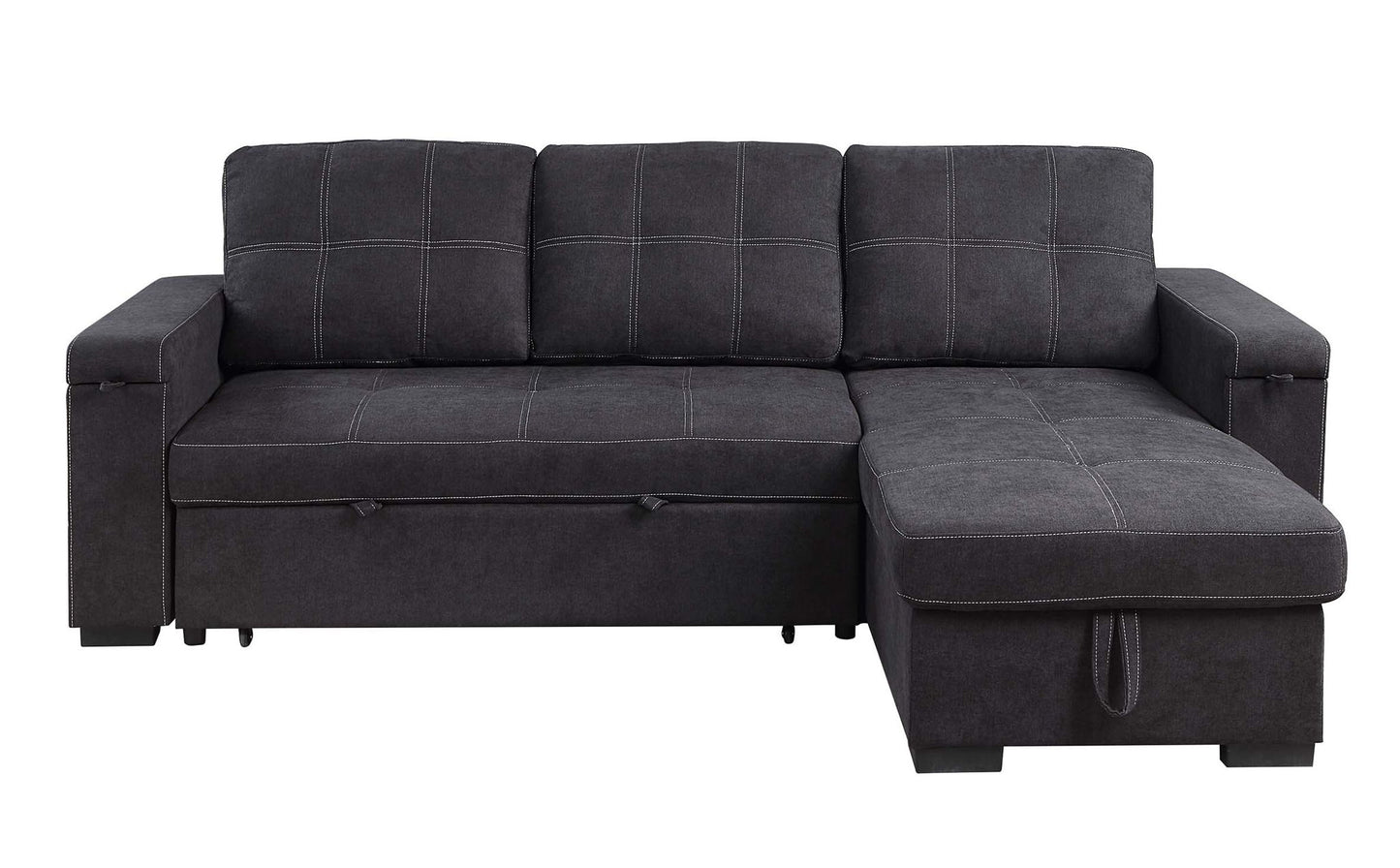 The Toby Reversible Sleeper Sectional features woven fabric in dark gray, three seat and back cushions, wide armrests, a right-side storage chaise, cup holder, charging ports, pockets, visible stitching, and block-shaped legs.
