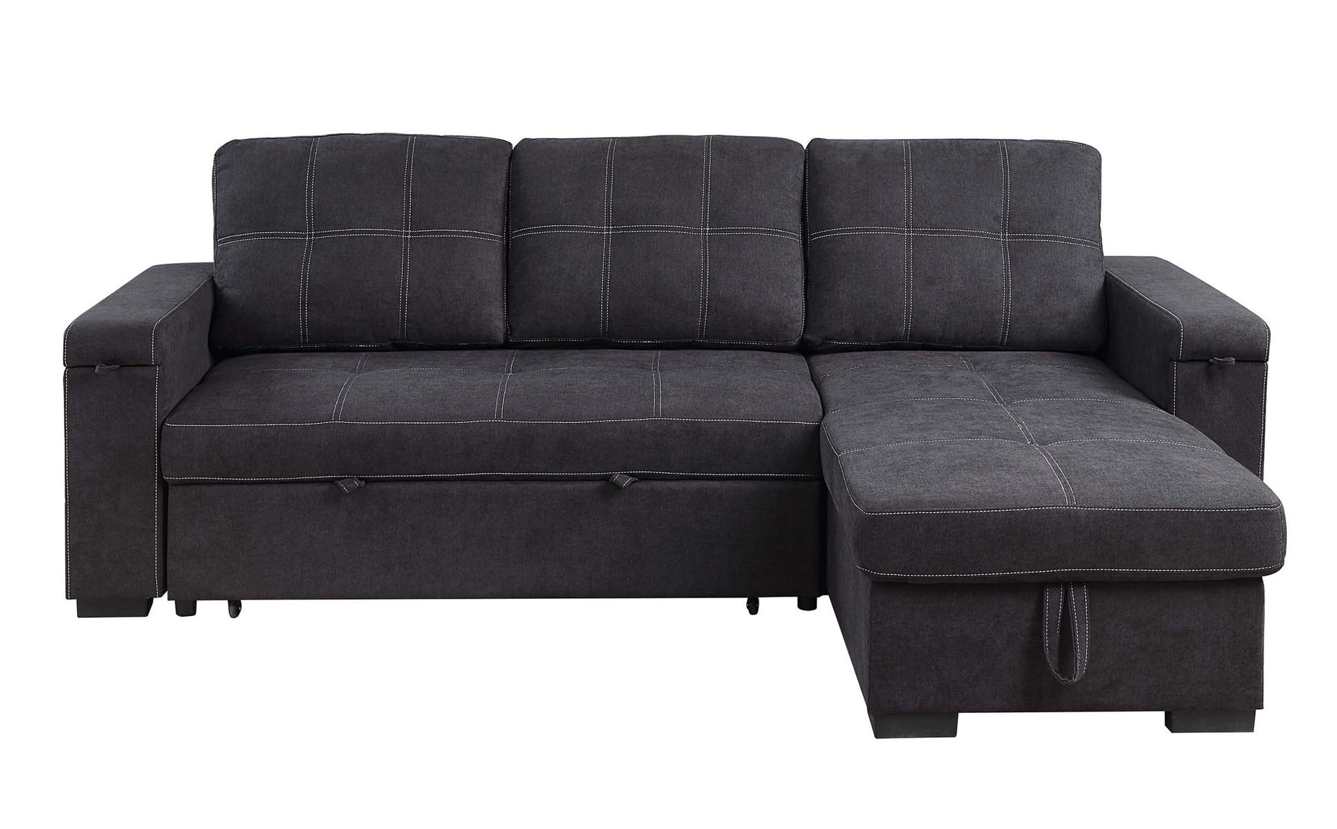The Toby Reversible Sleeper Sectional features woven fabric in dark gray, three seat and back cushions, wide armrests, a right-side storage chaise, cup holder, charging ports, pockets, visible stitching, and block-shaped legs.
