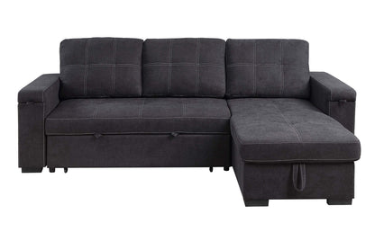 The Toby Reversible Sleeper Sectional features woven fabric in dark gray, three seat and back cushions, wide armrests, a right-side storage chaise, cup holder, charging ports, pockets, visible stitching, and block-shaped legs.